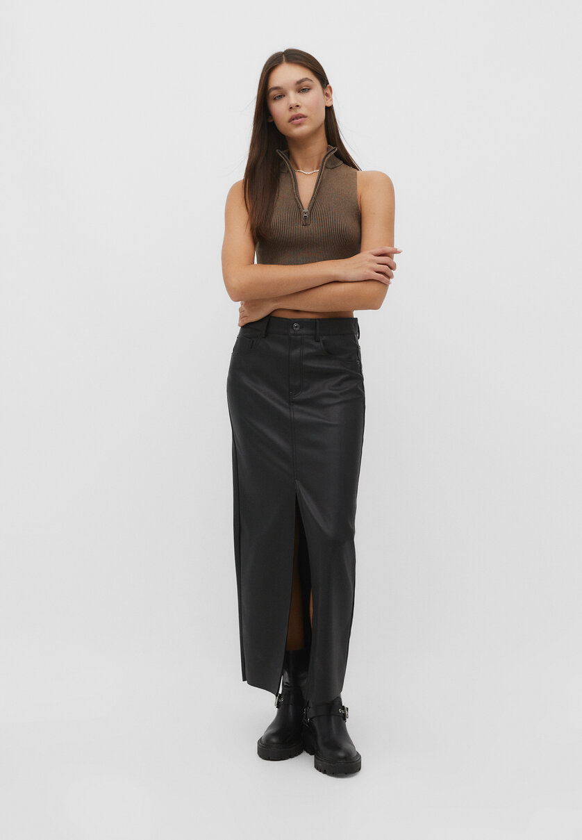 Long leather effect skirt Women s fashion Stradivarius United