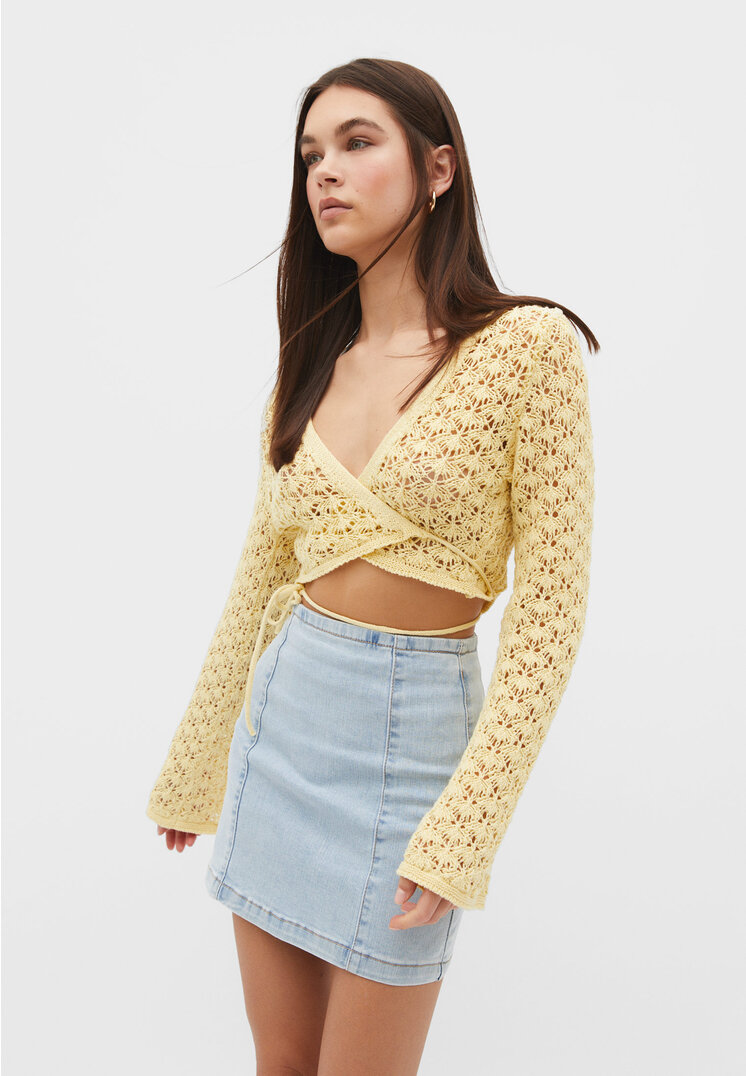 

Stradivarius Elastyczna spódnica mini z ozdobnymi szwami Niebieski denim 38