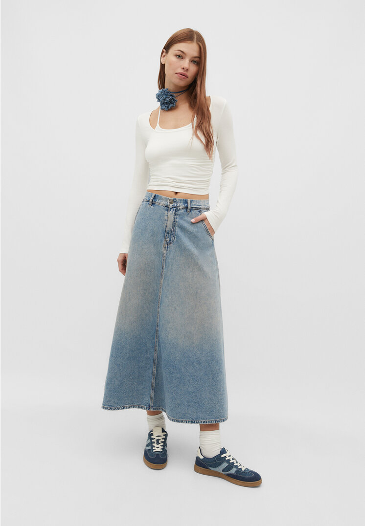 

Stradivarius Luźna warstwowa spódnica jeansowa Denim 32