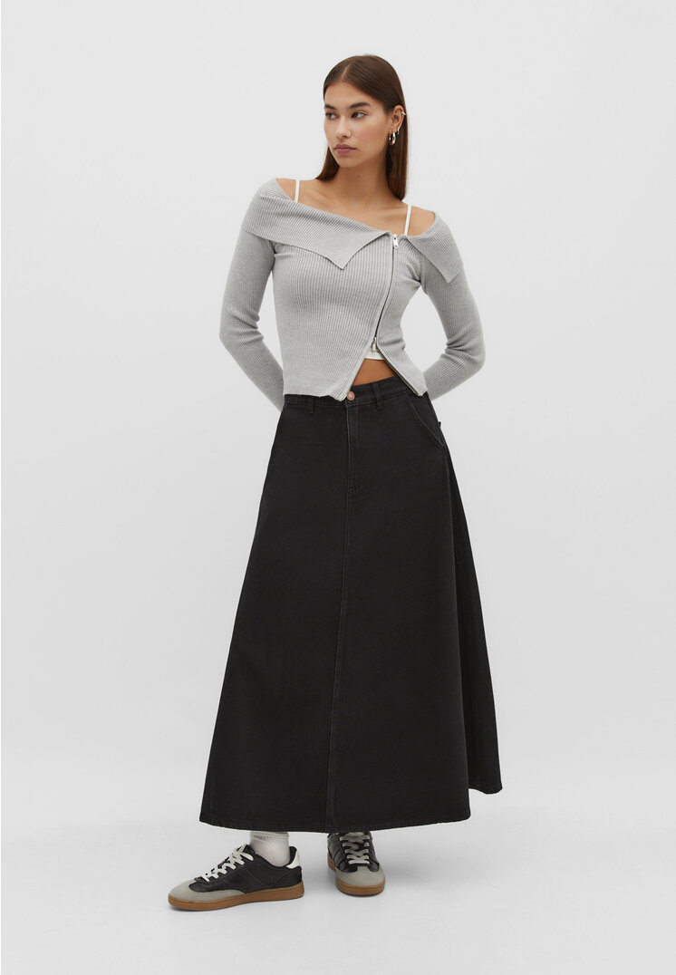

Stradivarius Luźna warstwowa spódnica jeansowa Czarny denim 38