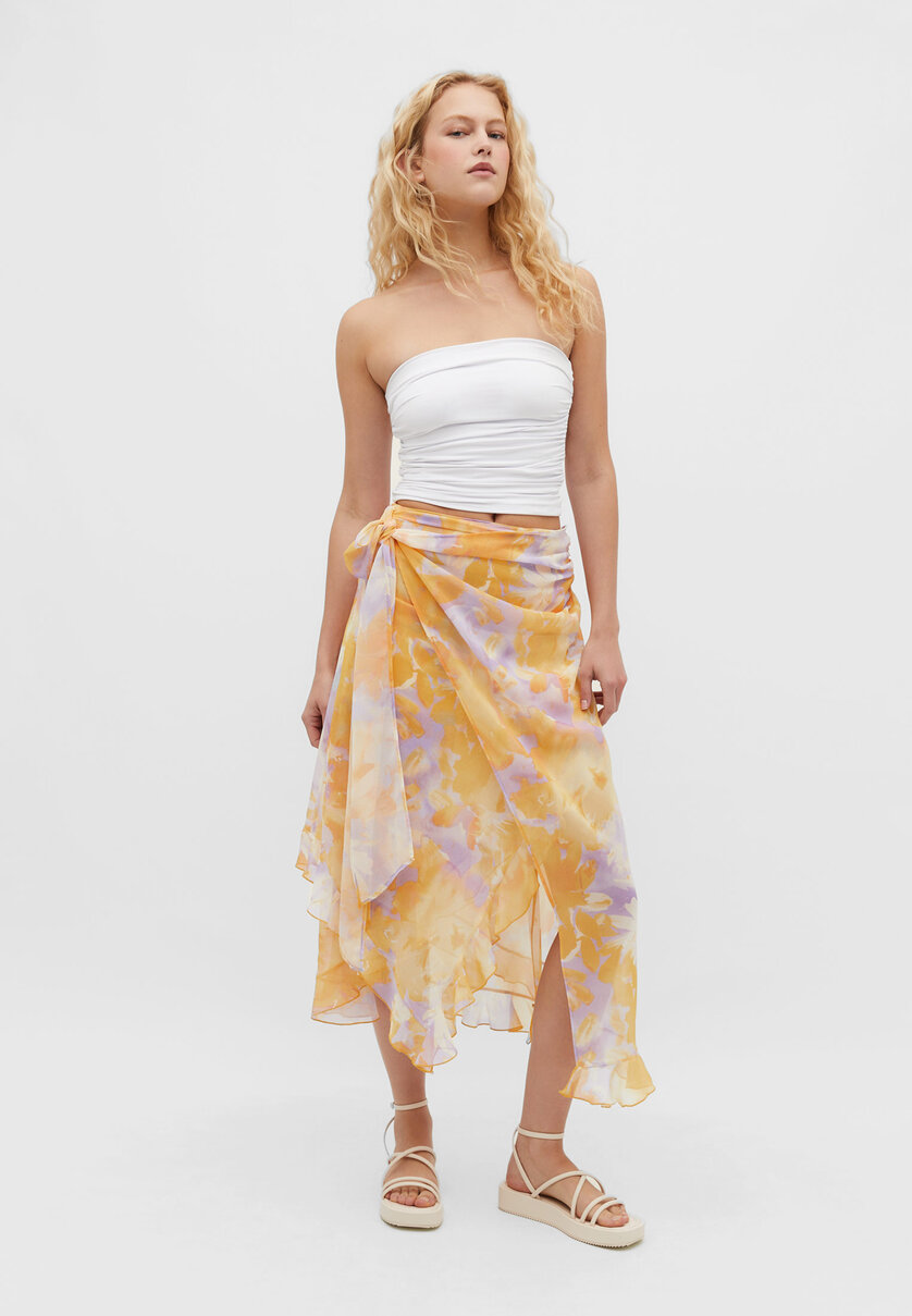 Printed midi skirt with ruffle