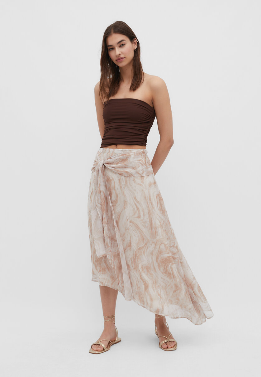 Midi skirt with georgette print and asymmetric hem