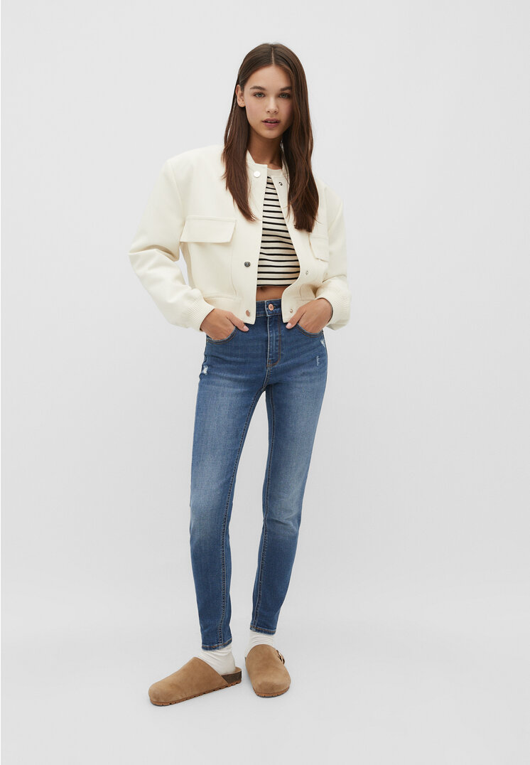 Stradivarius 1420 Skinny-Jeans mit tiefem Bund Medium dark blue Denim 44