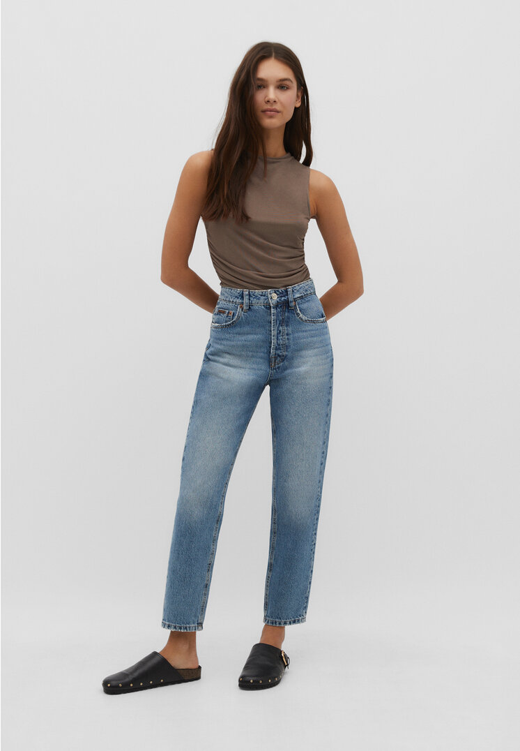 

Stradivarius 1460 Jeansy mom fit Denimowy średni Dark Blue 34