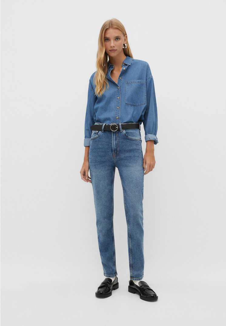 

Stradivarius 1465 Jeansy mom fit typu slim Denimowy średni Light Blue 36