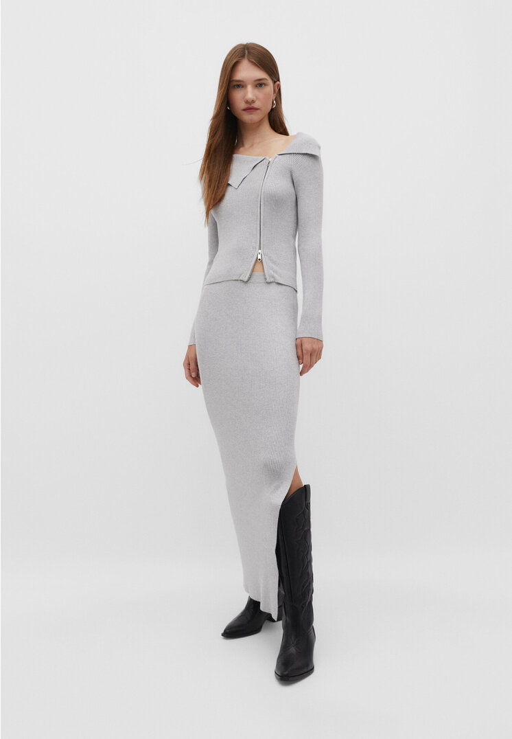 

Stradivarius Langer Strickrock mit Schlitz Grau Melange XS