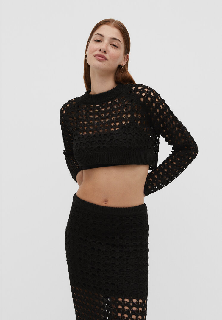 

Stradivarius Cropped-Pullover mit Lochmuster Schwarz S