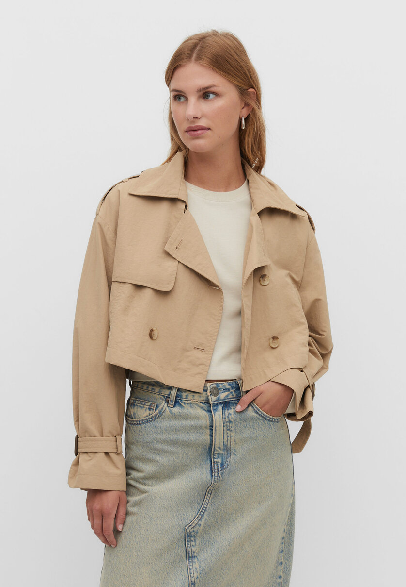 Short oversize trench coat with creased effect