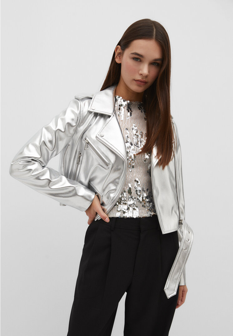 Silver leather shop jacket womens