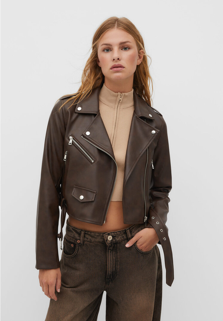 

Stradivarius Kurtka biker ze sztucznej skóry z paskiem Brązowy S