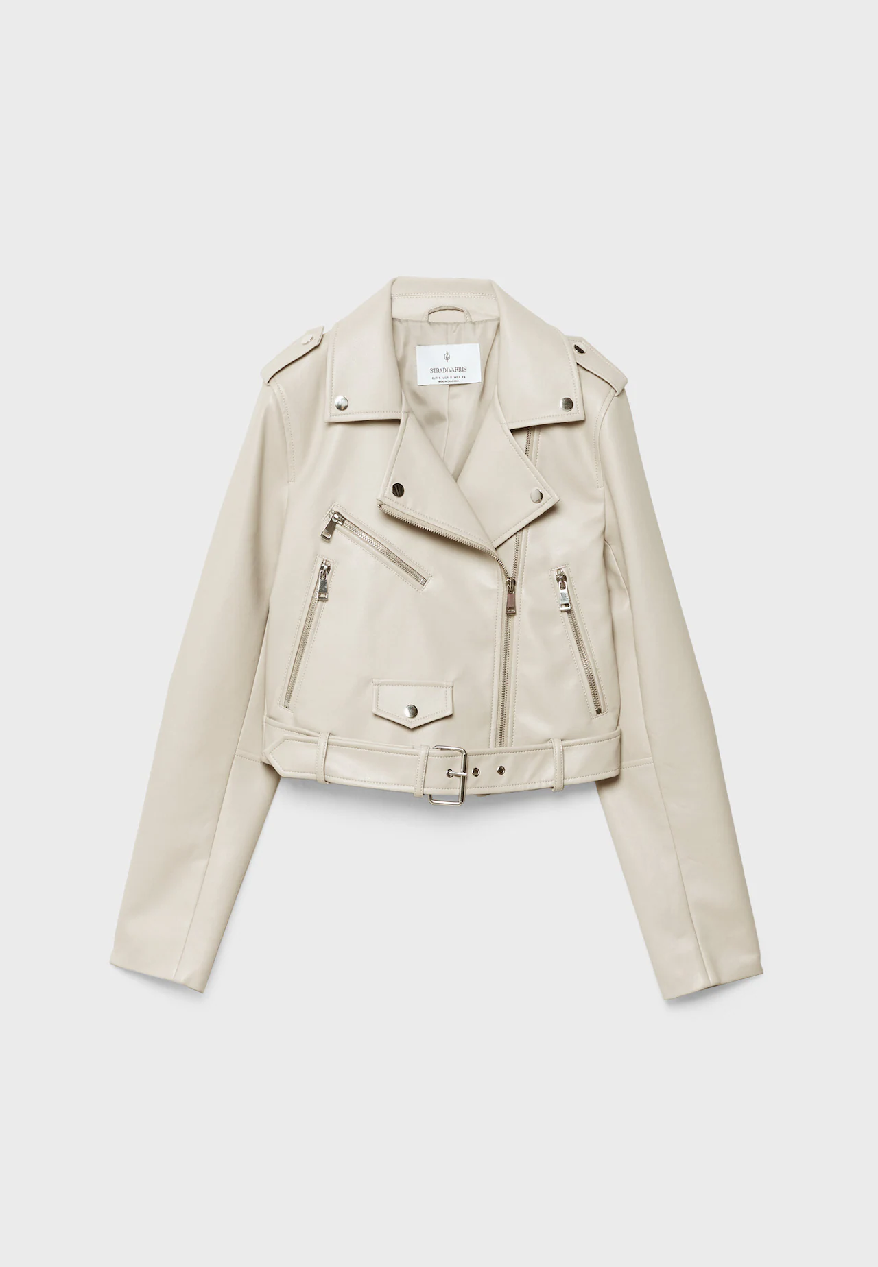 Stradivarius faux leather belted jacket in white
