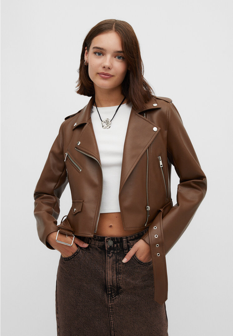 

Stradivarius Kurtka biker ze sztucznej skóry z paskiem Brązowy XL