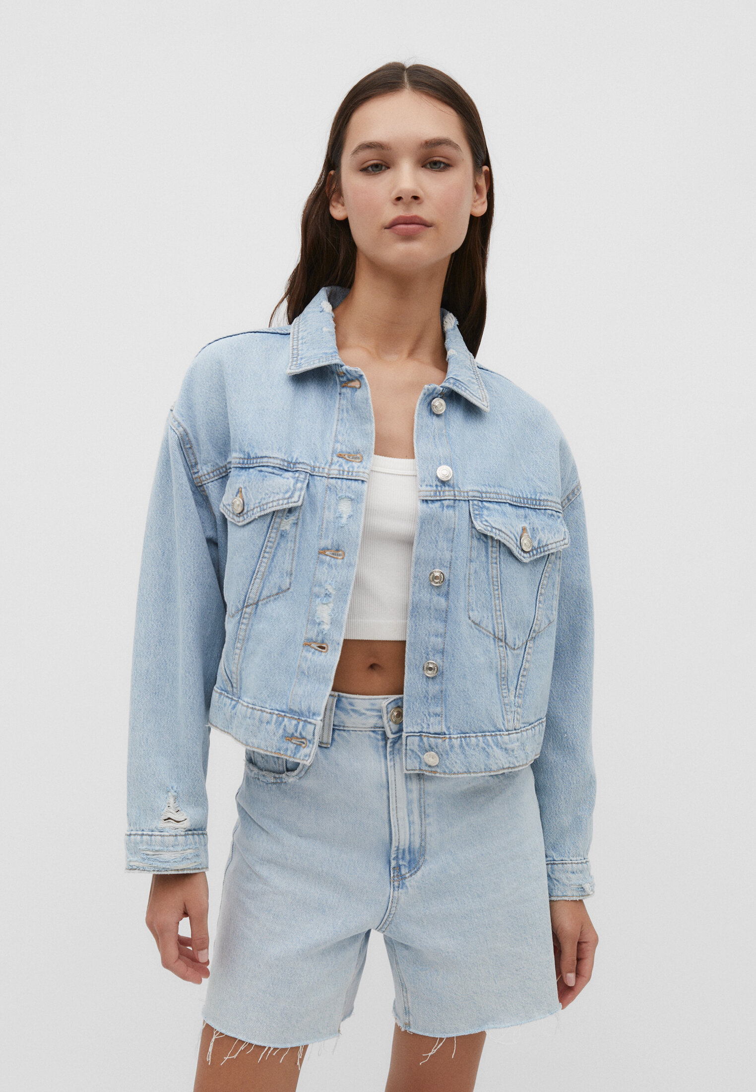 Veste en jean crop top online noir