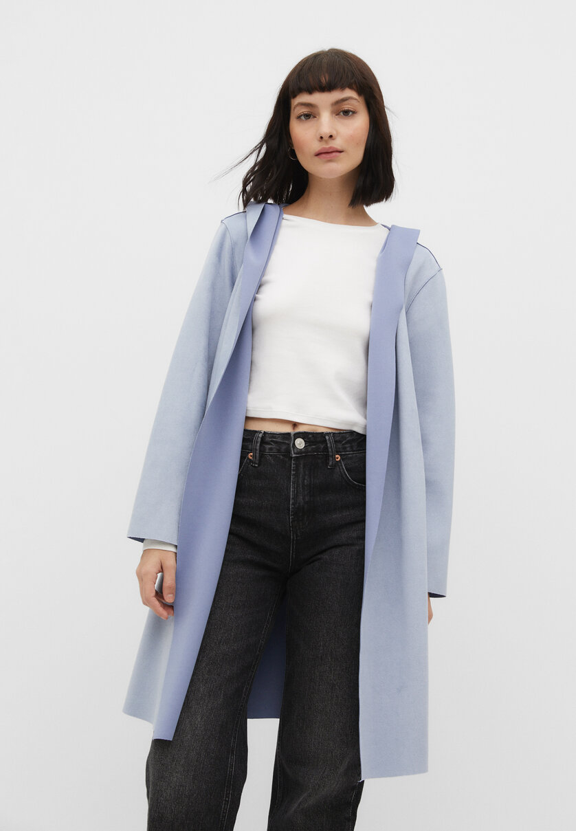 Cropped faux suede trench coat