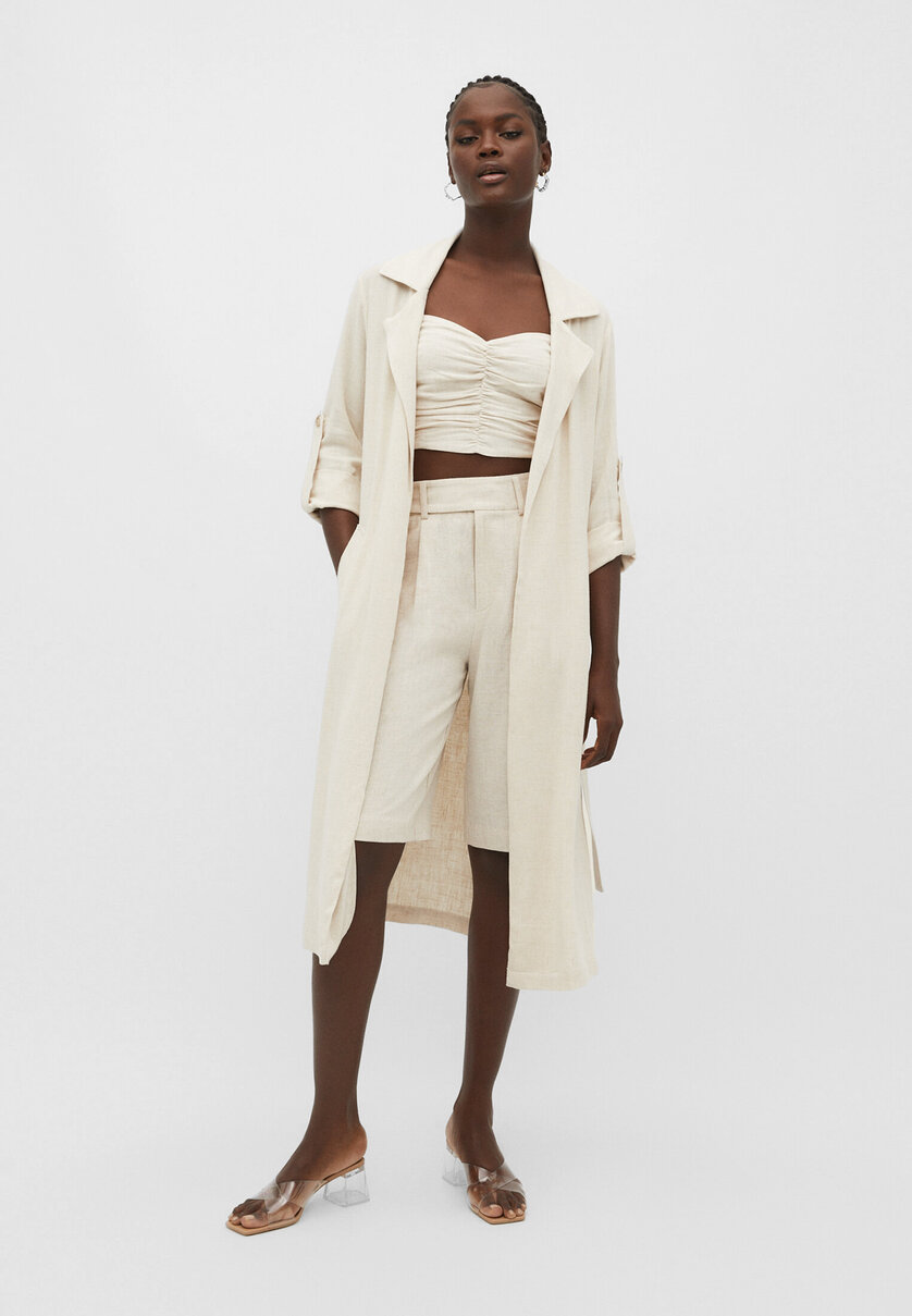 Long linen blend trench coat