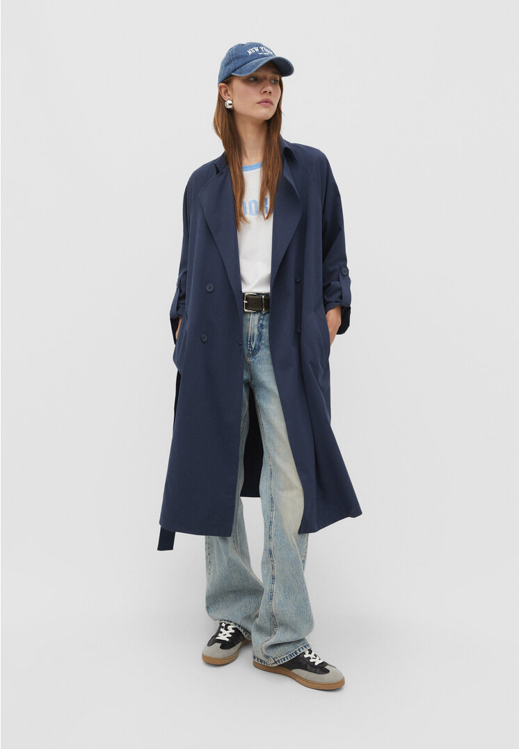 Stradivarius Langer, fließender Trenchcoat Marineblau L
