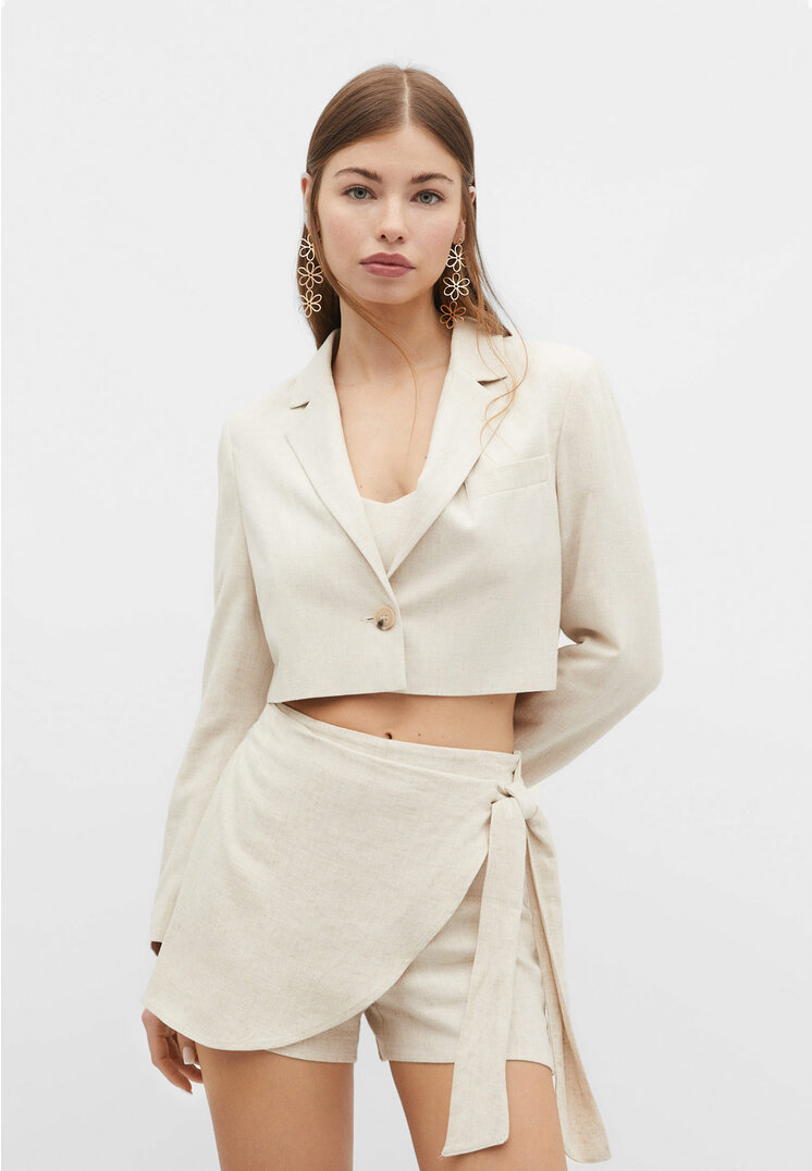 Cropped linen blend blazer Women s fashion Stradivarius Viet Nam