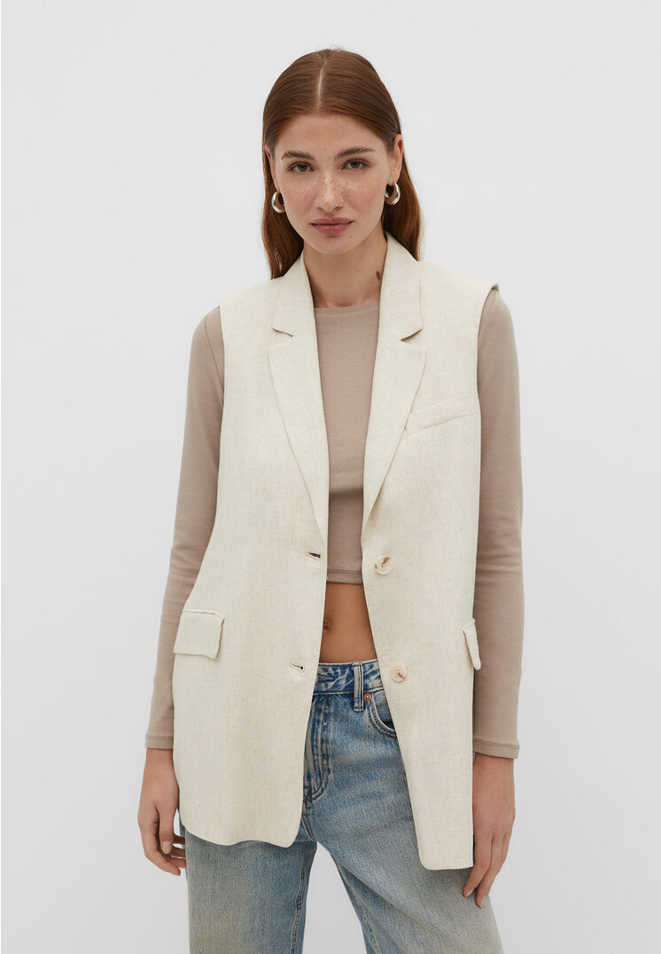 

Stradivarius Mittellange Weste mit Leinenanteil Steingrau L