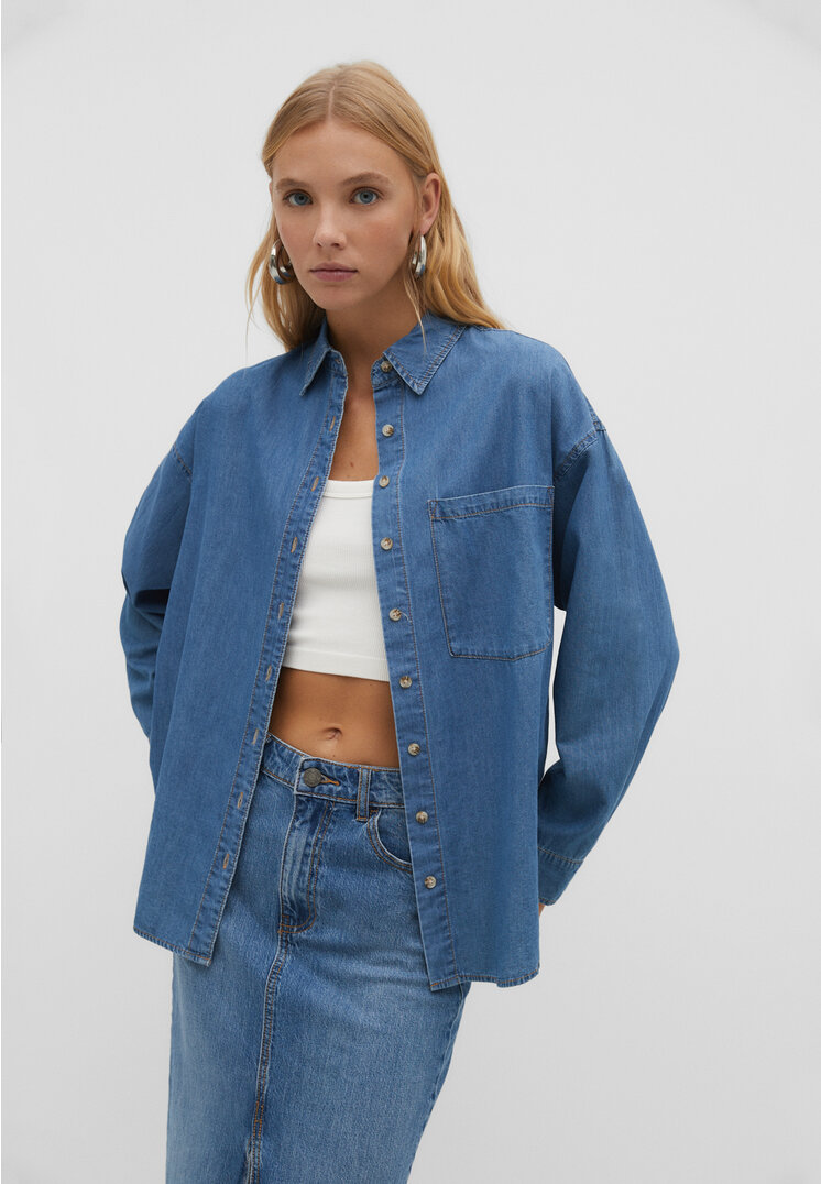Stradivarius Basic-Jeanshemd Jeansblau XL