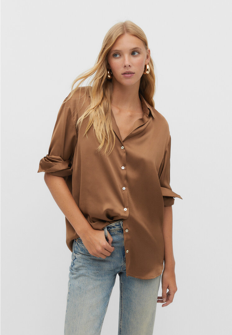 Stradivarius Satinbluse mit Reverskragen Braun XL