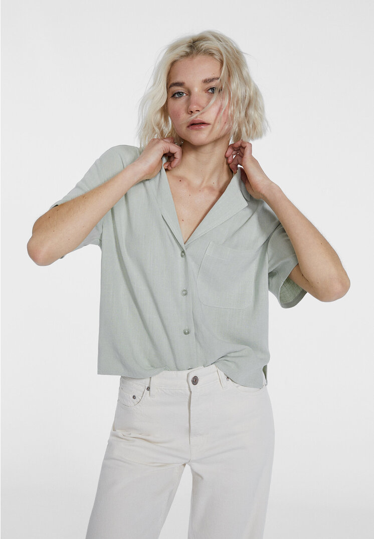 Short Sleeve Linen Blend Shirt in White