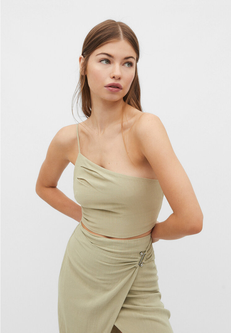 Stradivarius Asymmetrisches Top mit Leinenanteil Khaki L
