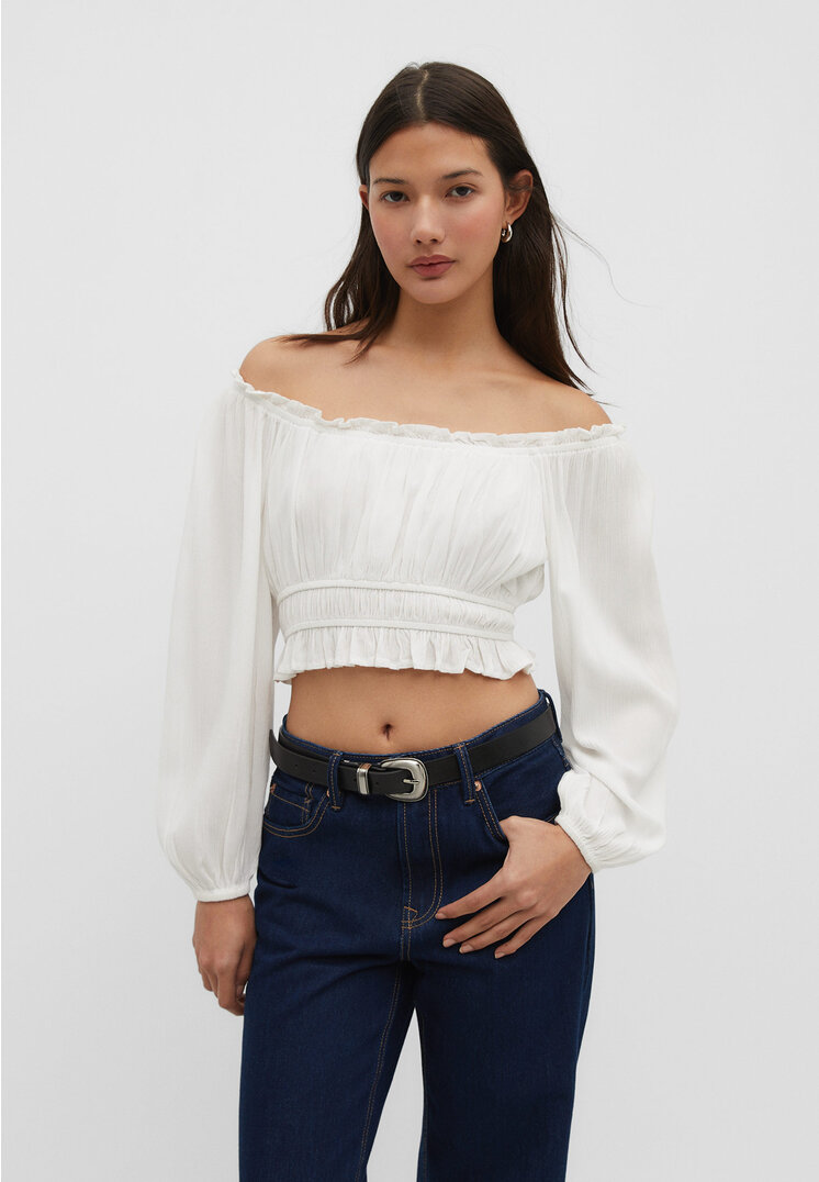 

Stradivarius Crêpe-Bluse mit Gummizug Weiß S