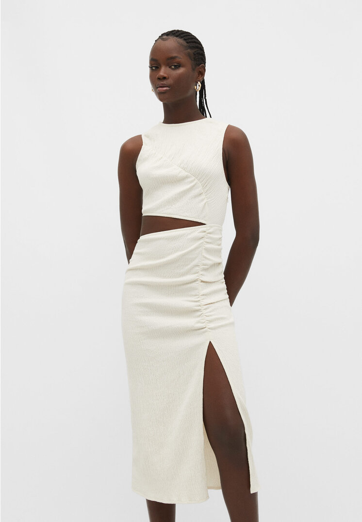 

Stradivarius Rustikales asymmetrisches Midikleid mit Cut-out Steingrau L