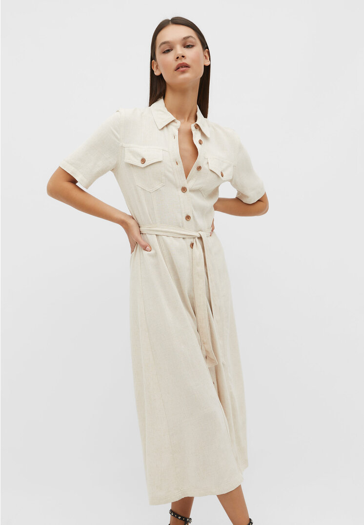 

Stradivarius Midi-Hemdkleid mit Leinenanteil Steingrau L