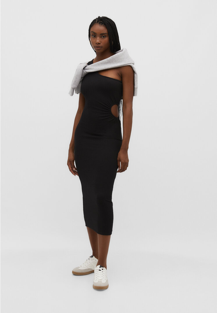 

Stradivarius Midikleid mit Cut-outs und asymmetrischem Ausschnitt Schwarz S