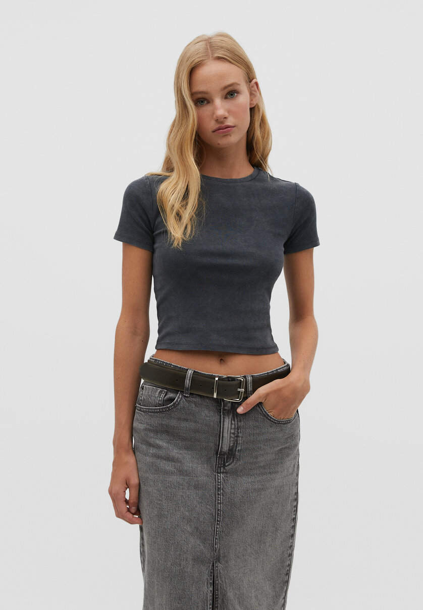 Faded-effect cotton cropped T-shirt