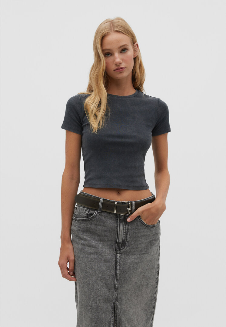 

Stradivarius Cropped-Shirt aus Baumwolle im Washed-Look Graumeliert XS