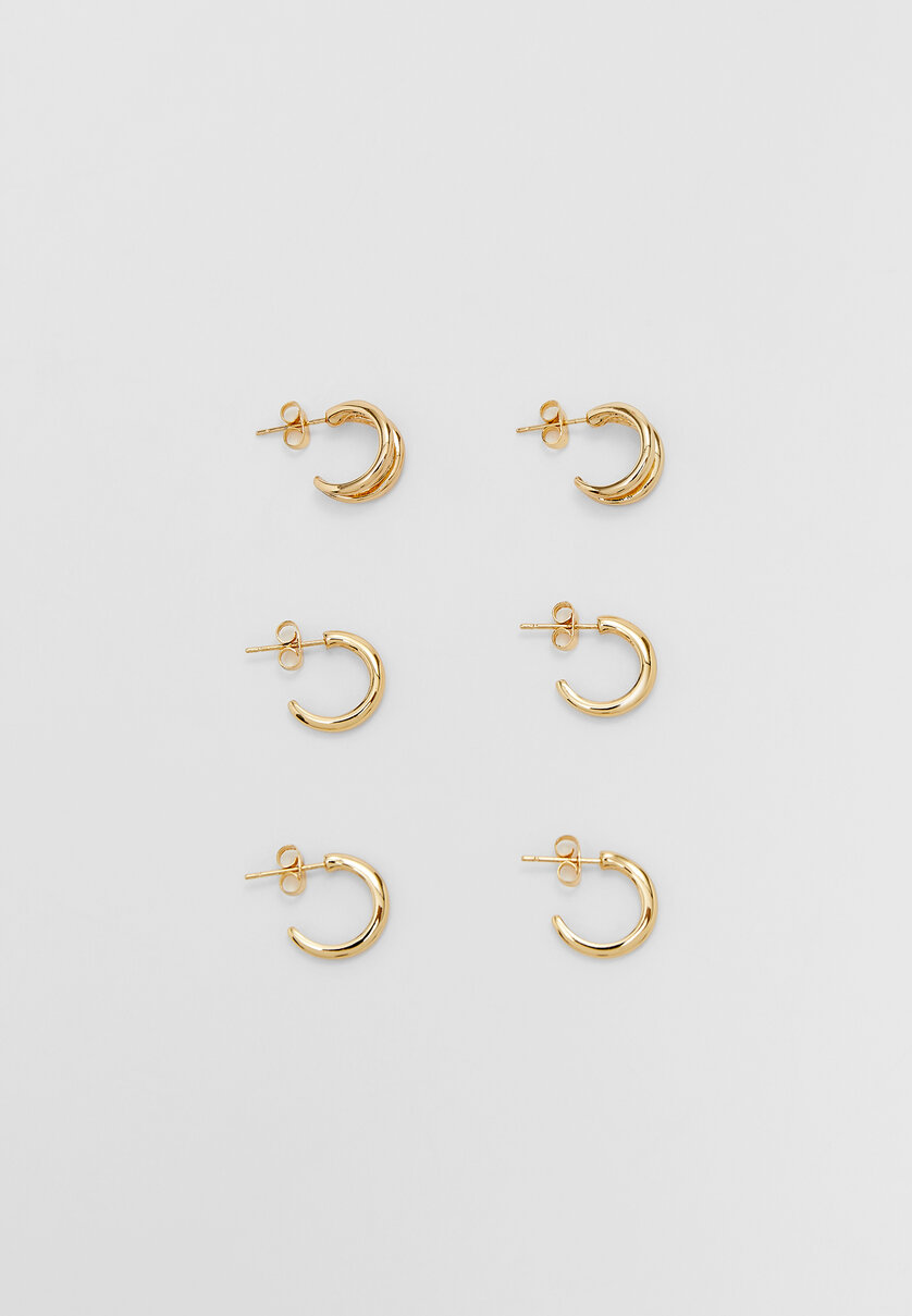 Set of 3 pairs of plain hoop earrings. Gold/Silver plated.