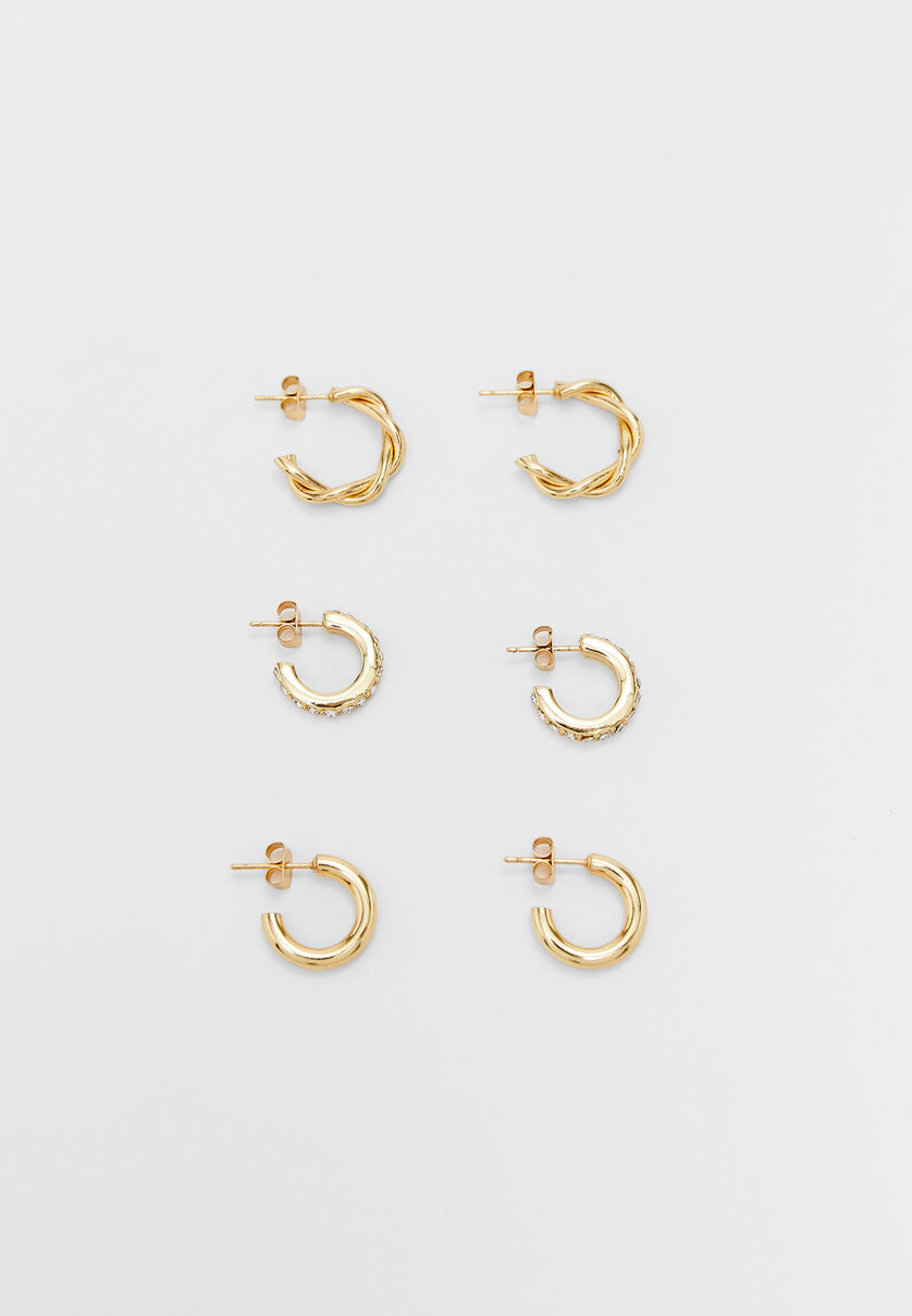 Set of 3 pairs of rhinestone hoop earrings. Gold/Silver plated.