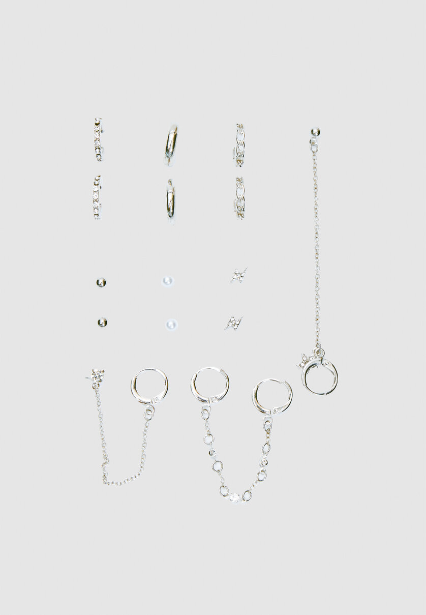 Set of 9 rhinestone chain and hoop earrings