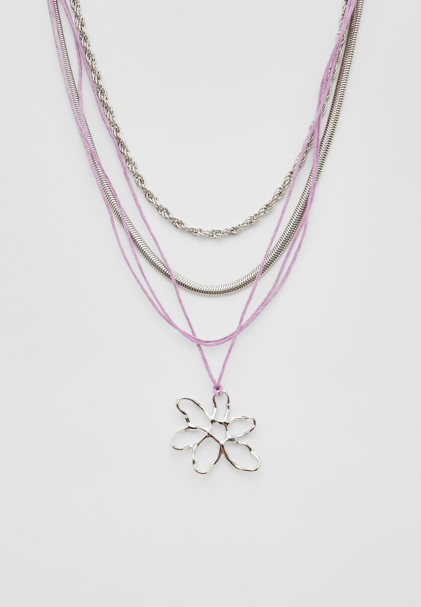 3er-Set Halsketten mit Kordel und Blume