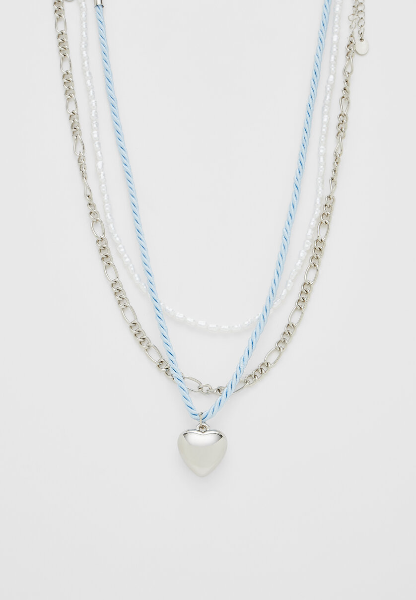 3er-Set Halsketten mit Kordel, Herz und Perlen