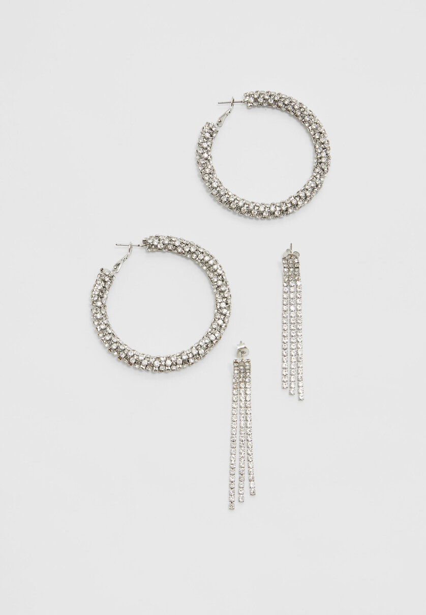 Set of 2 hoop and rhinestone earrings