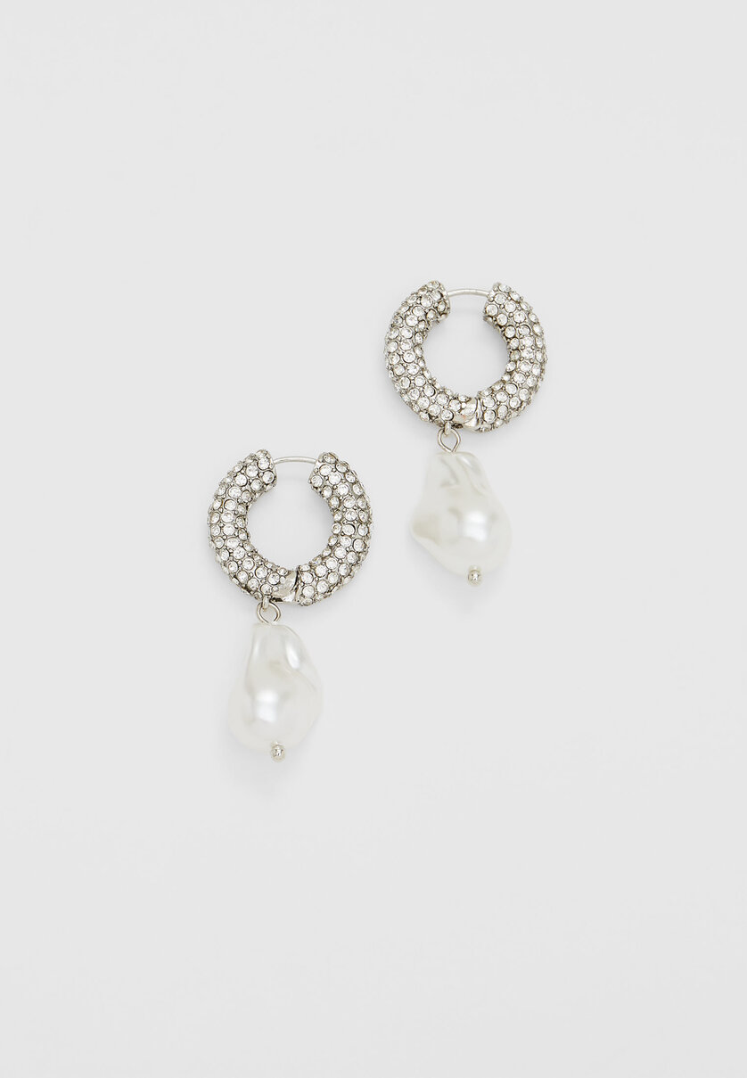 Pavé hoop and faux pearl charm earrings
