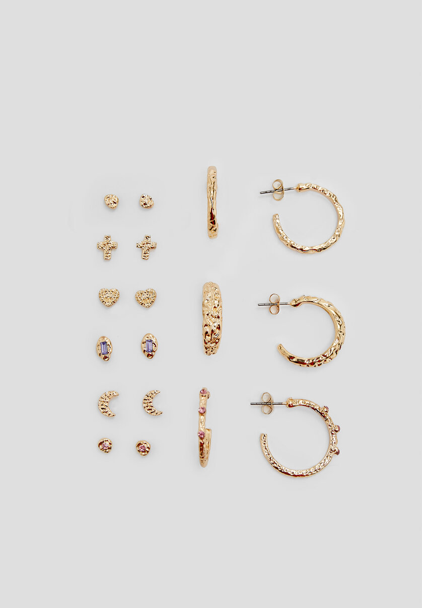 Set of 9 pairs of moon and hoop earrings