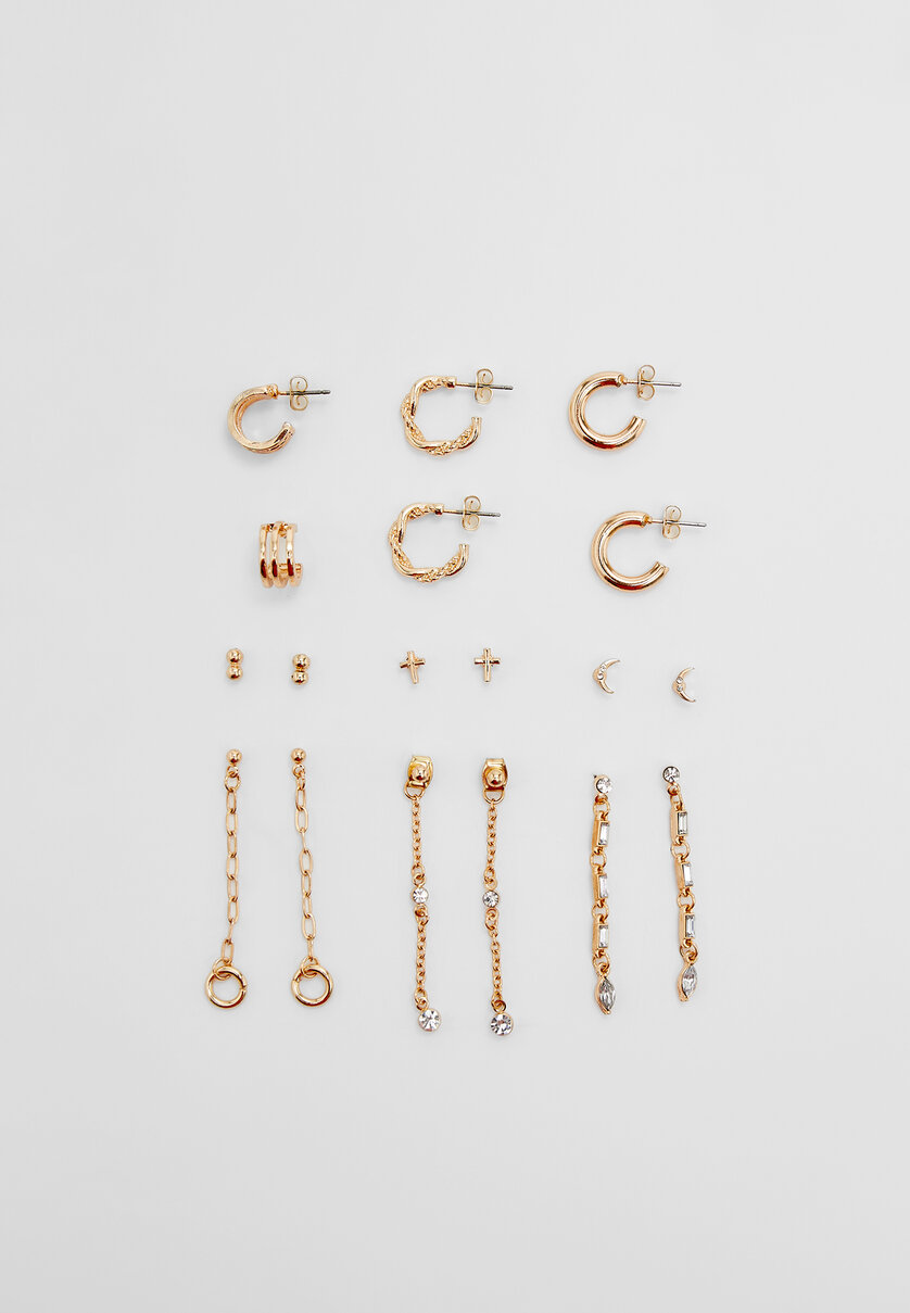 Set of 9 pairs of moon and chain earrings