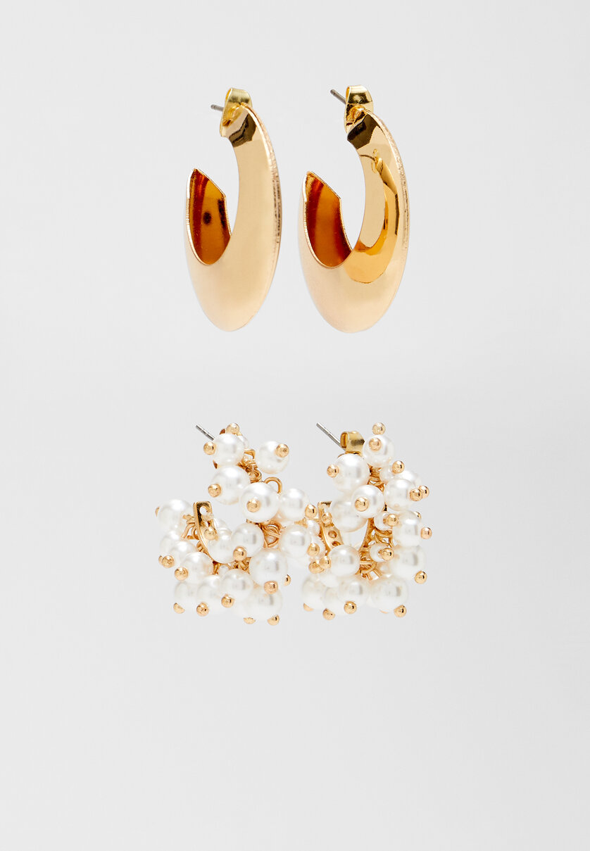 Set of 2 pairs of faux pearl bead and hoop earrings
