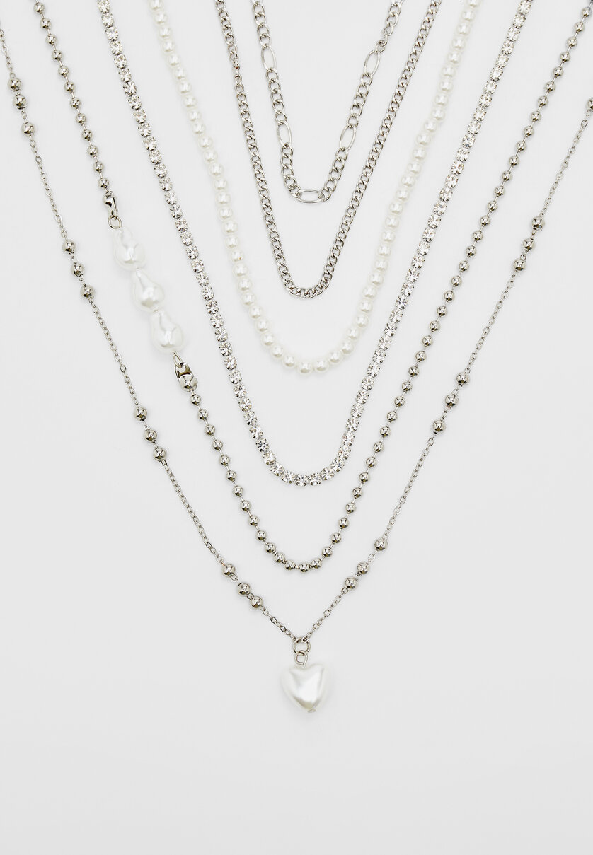 6er-Set Halsketten mit Kunstperle und Stein