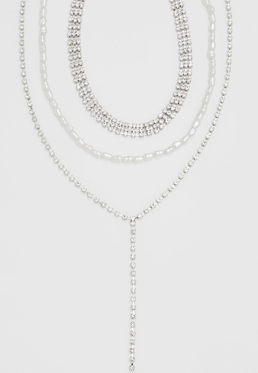 3er-Set Halsketten mit Glitzer und Perlen