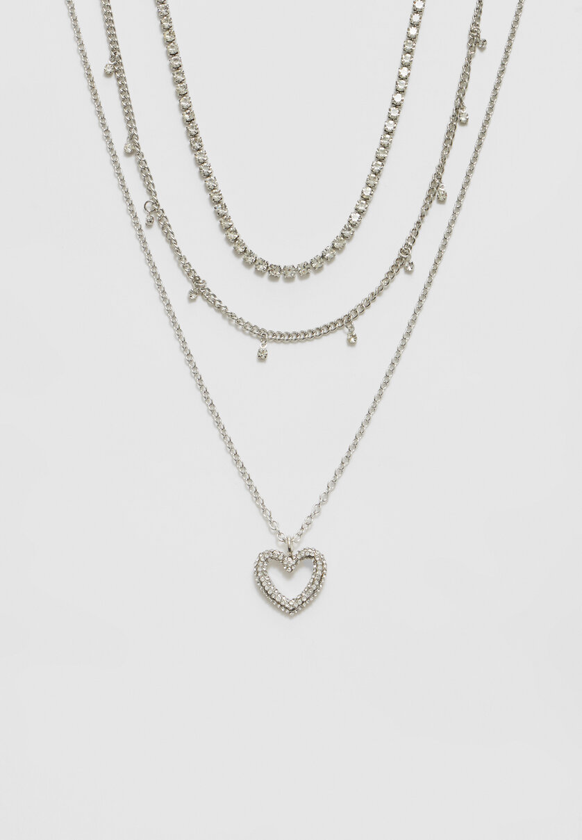 Set of 3 rhinestone and heart charm necklaces