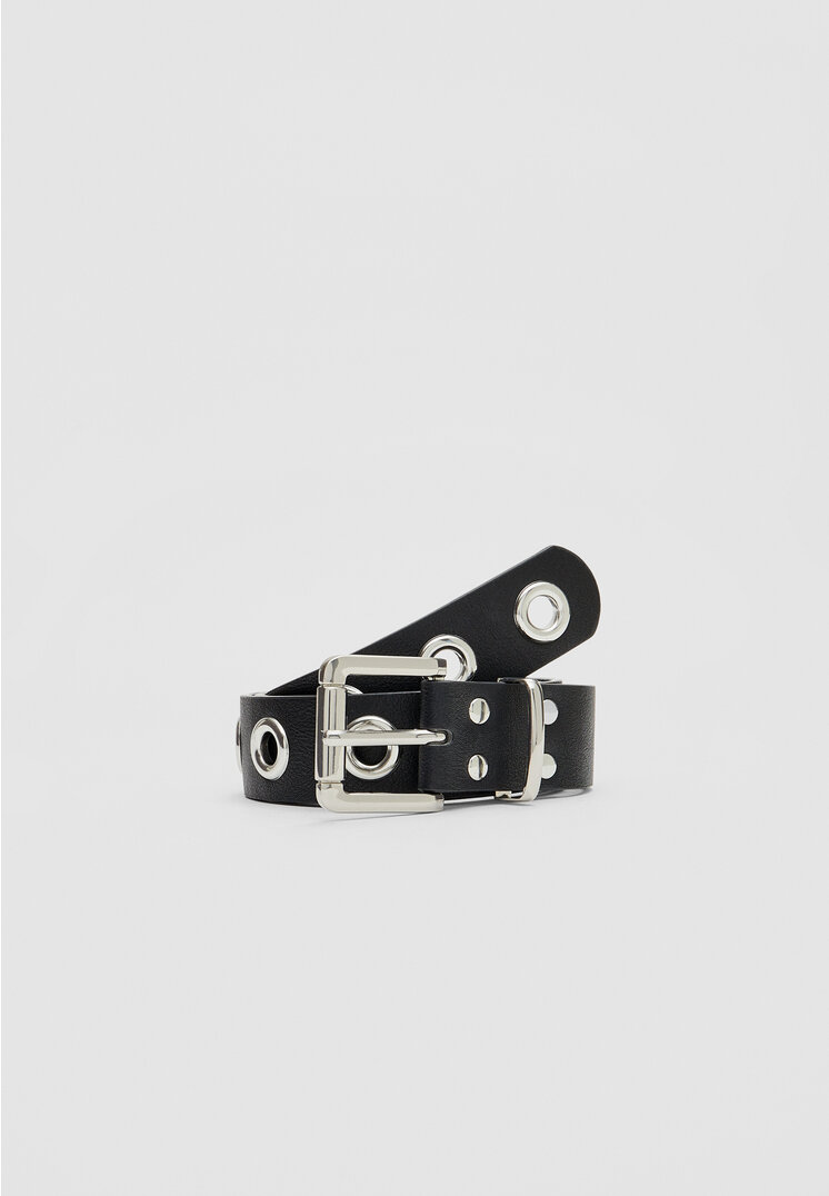 

Stradivarius Pasek z metalowymi oczkami Czarny 70