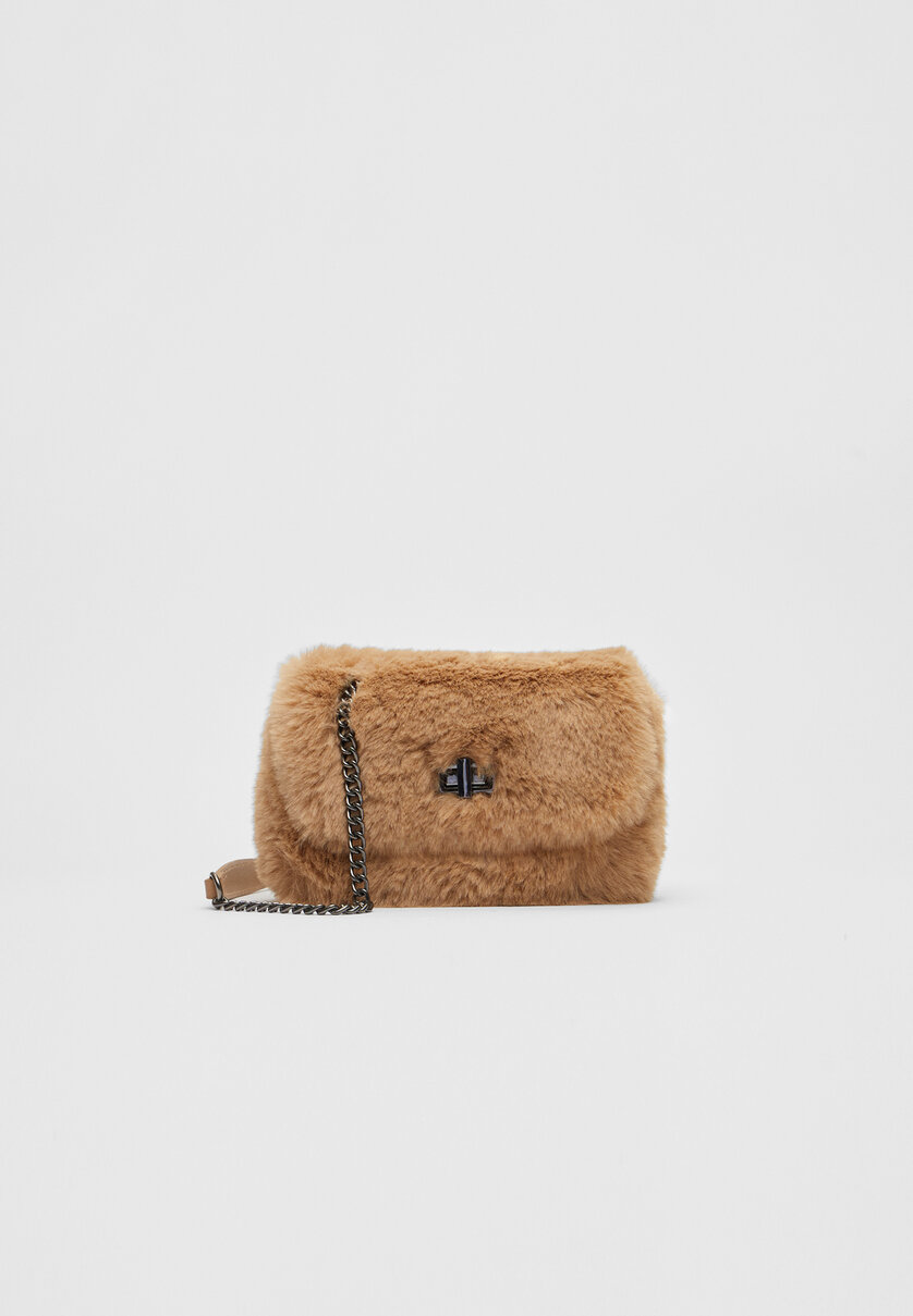 Faux fur crossbody bag with chain
