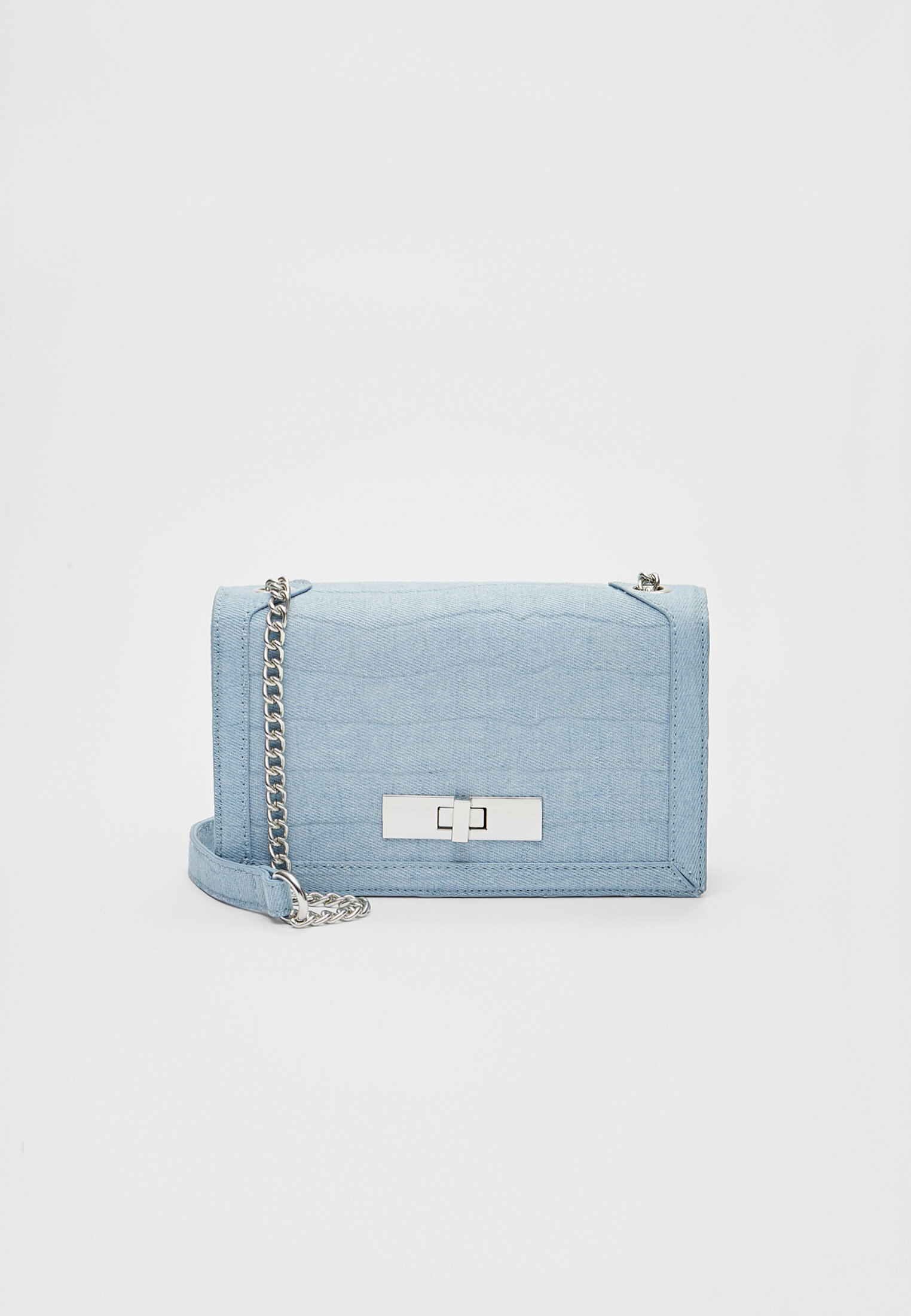 Mock croc embossed denim crossbody bag