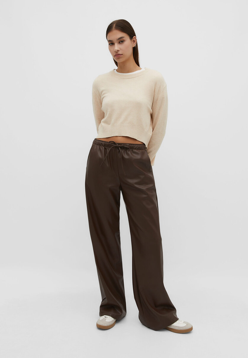 Wide-leg leather effect trousers