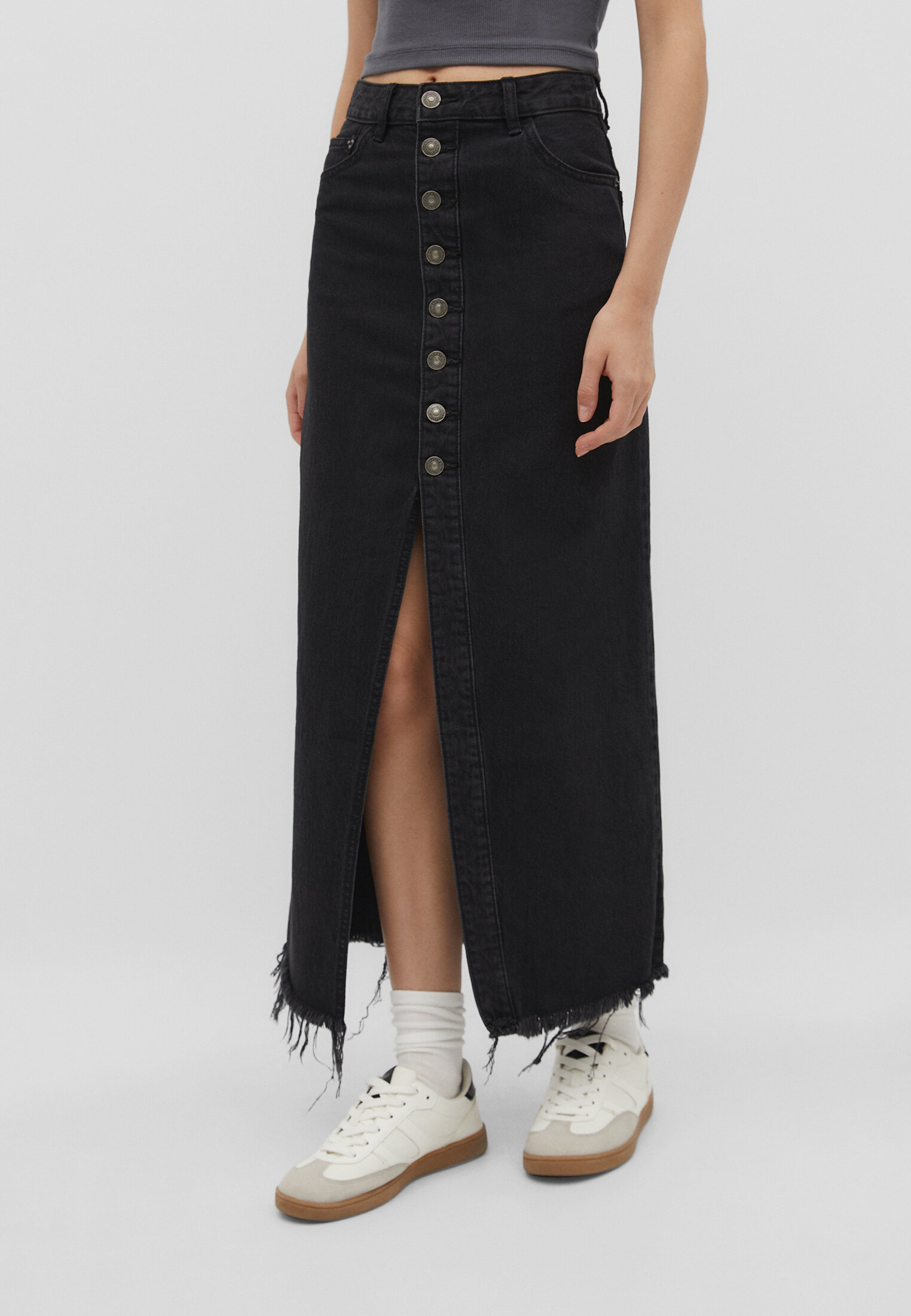 Long denim skirt with buttons Women s fashion Stradivarius